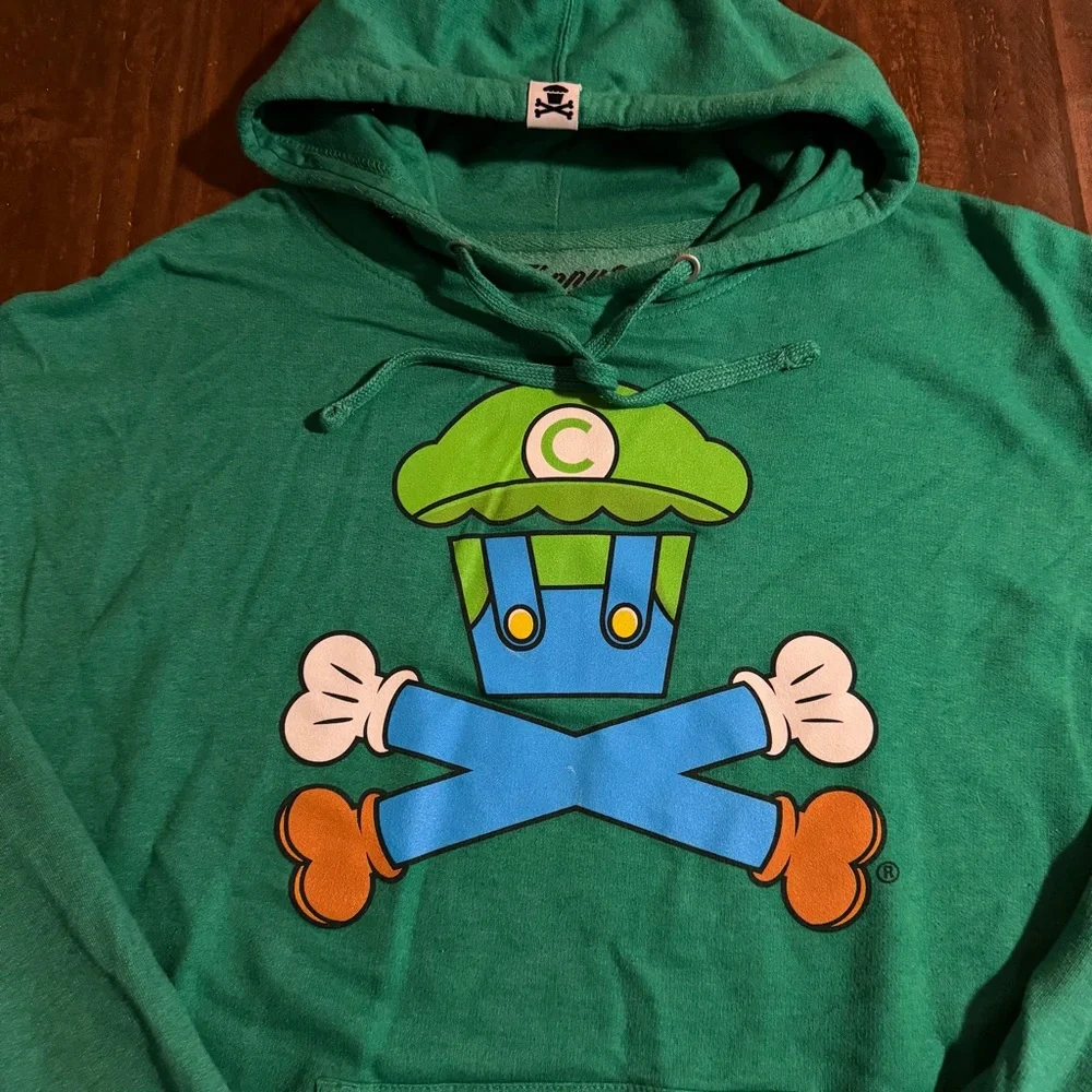 Johnny Cupcakes SweatShirt Hoodie Green Crossbones Luigi Mario - XL - Picture 3 of 7